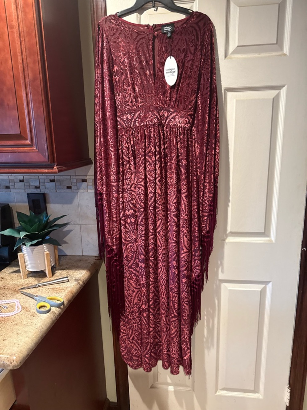 Unique Vintage flutter sleeve Kaftan Dress  Fringe Detail & cold shoulder design - Picture 4 of 17